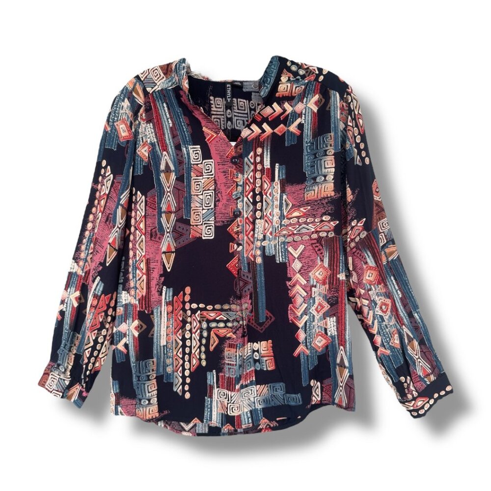 Ethyl Pullover V-Neck Print Blouse NWT